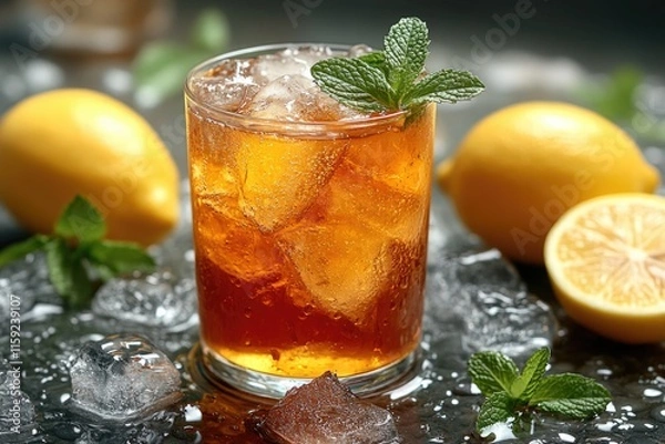 Fototapeta A refreshing drink with ice and lemons, perfect for hot summer days or as a healthy beverage option