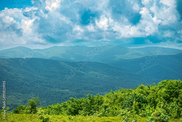 Fototapeta Bieszczady góra góry połoniny las drzewa dolina niebo chmury wiosna lato