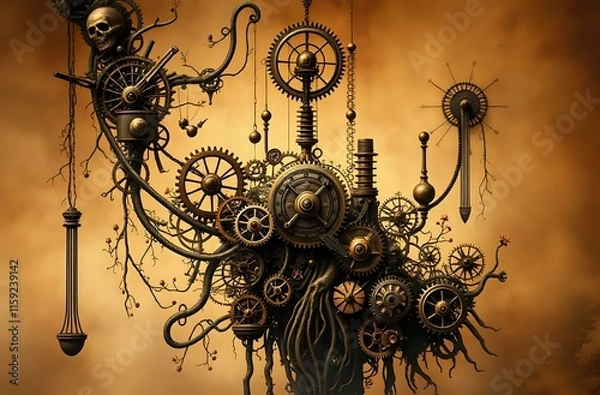 Obraz Steampunk Tree of Mechanisms: Golden Gears and Mystic Roots