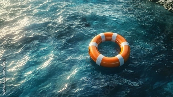 Obraz Orange and white lifebuoy floating on calm blue water.