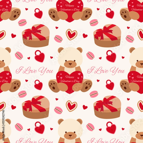 Obraz Seamless pattern of festive elements for Valentine's Day and the inscription "I love you" on a light background. Vector graphics.