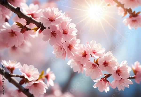 Obraz background of many sakura flowers through which the rays of the sun penetrate, which conveys the spring mood