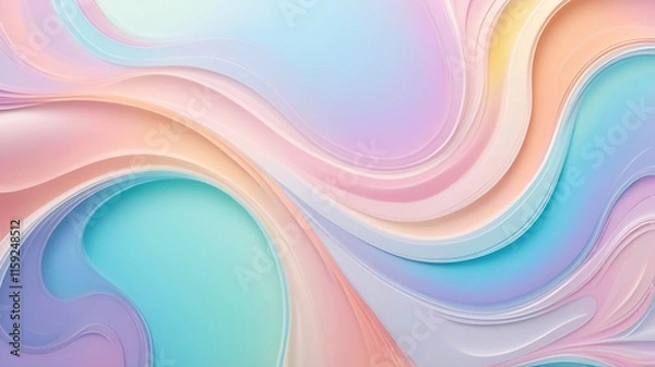 Fototapeta Soft pastel layered background with vibrant swirls, holographic reflections with blank white center. Invitations, flyers, greeting cards, and banners with space for text. 