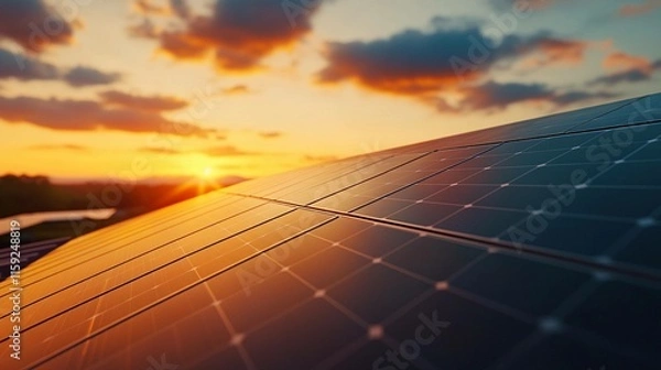 Obraz Solar panels on a modern house roof at sunset in a serene location. Generative AI