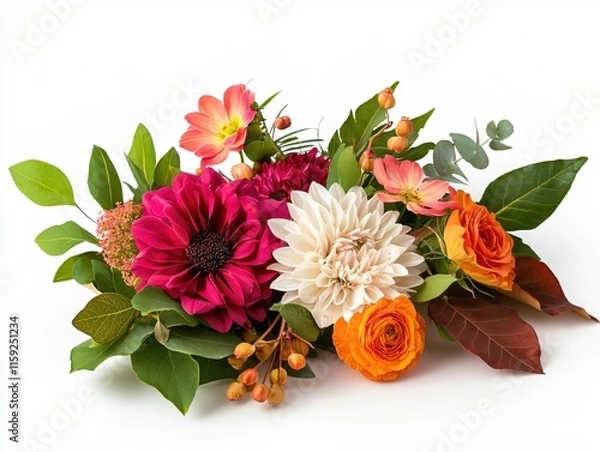 Fototapeta Colorful Floral Arrangement with Diverse Blooms and Greenery on White Background