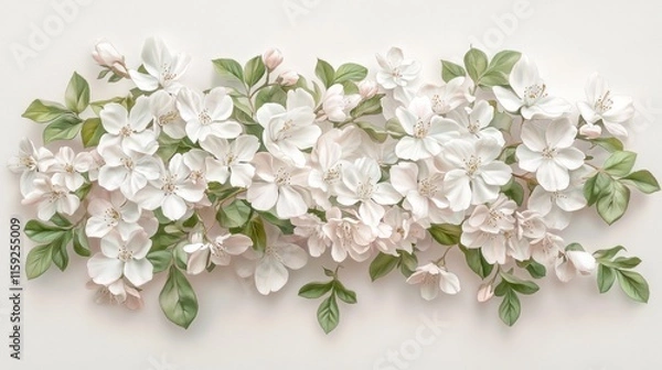 Fototapeta Horizontal floral arrangement of delicate white and light pink apple blossoms and green leaves on a light background.