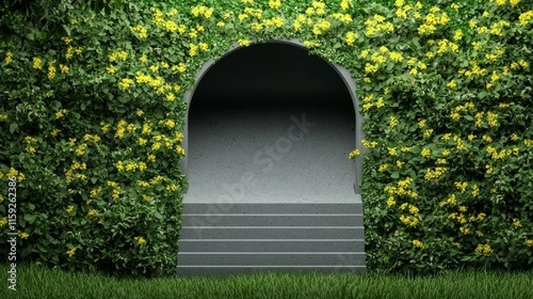 Fototapeta Serene and Inviting Entrance Framed by Lush Greenery and Vibrant Yellow Flowers for a Tranquil Outdoor Space