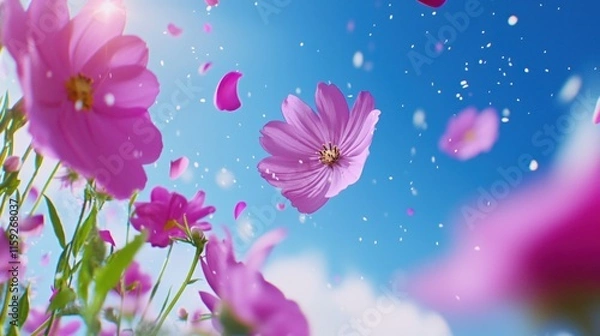 Fototapeta Bright Pink Flowers Under Clear Blue Sky with Falling Petals and Sunlight Glow