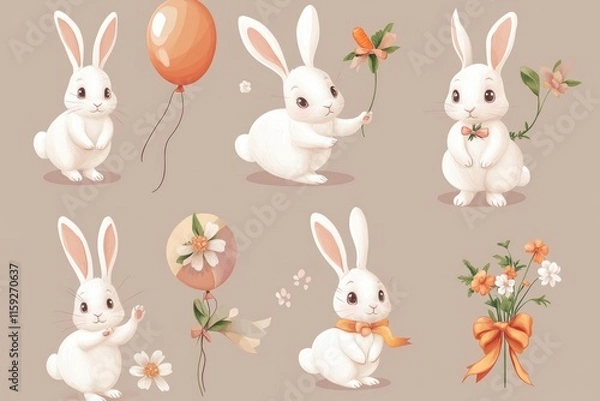 Fototapeta A group of cute white rabbits with distinct facial expressions, perfect for use in illustrations, advertising, or entertainment projects