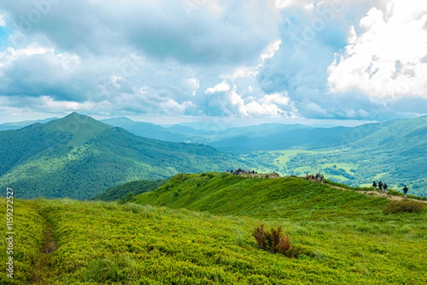 Fototapeta Bieszczady góra góry połoniny las drzewa dolina niebo chmury wiosna lato