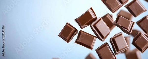 Fototapeta Minimal chocolates concept. Delicious chocolate pieces flying through the air in a mesmerizing display.