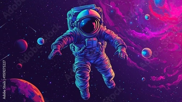 Fototapeta Vector illustration of space, cosmonaut and galaxy for poster, banner or background. Abstract drawings of the future, science fiction and astronomy
