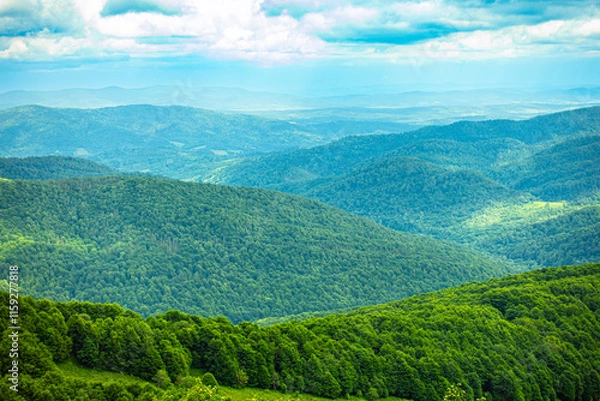 Fototapeta Bieszczady góra góry połoniny las drzewa dolina niebo chmury wiosna lato