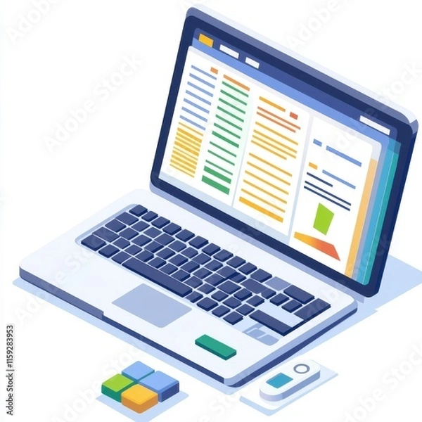 Fototapeta A stylish laptop with colorful spreadsheets and files displayed, symbolizing productivity and digital organization.