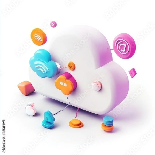 Fototapeta Colorful 3D cloud icon surrounded by technology symbols, representing data sharing and connectivity.