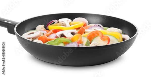 Obraz Frying pan with mix of vegetables and mushrooms isolated on white