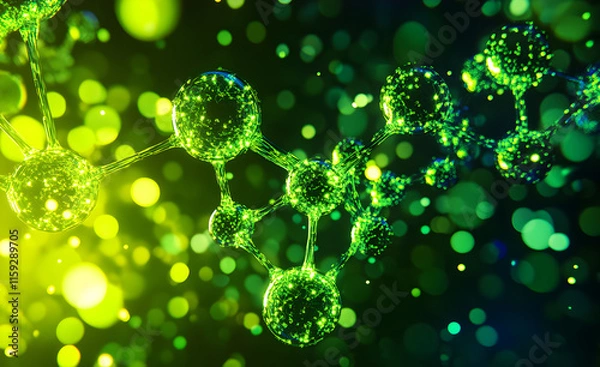 Fototapeta Green molecule structure rotating on dark and vibrant background