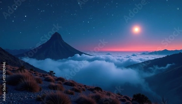 Fototapeta capadocia foggy landscapes under the night sky, geological formations, moon