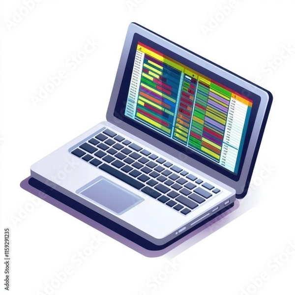Fototapeta Stylized illustration of a laptop with a colorful data analysis dashboard, showcasing modern technology.