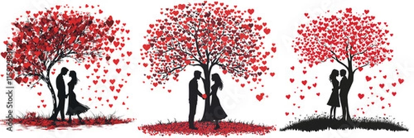Fototapeta set of a Valentine's Day couple silhouette, red and black hearts, tree of love isolated on a transparent background