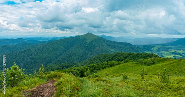 Fototapeta Bieszczady góra góry połoniny las drzewa dolina niebo chmury wiosna lato