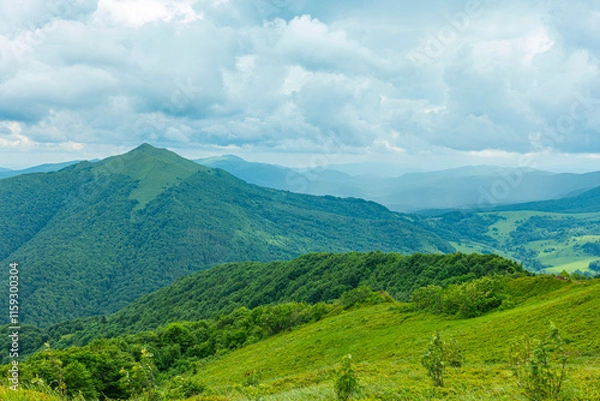 Fototapeta Bieszczady góra góry połoniny las drzewa dolina niebo chmury wiosna lato