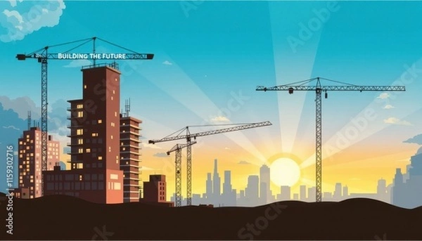 Obraz A futuristic 2025 construction site glowing under a dramatic sunset, symbolizing progress and innovation. Ideal for architecture, development, and future-focused themes.