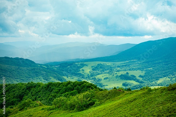 Fototapeta Bieszczady góra góry połoniny las drzewa dolina niebo chmury wiosna lato