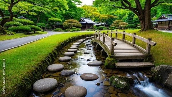 Fototapeta Serene garden scene featuring a wooden bridge over a tranquil stream, lush greenery creates a peaceful atmosphere ideal for relaxation