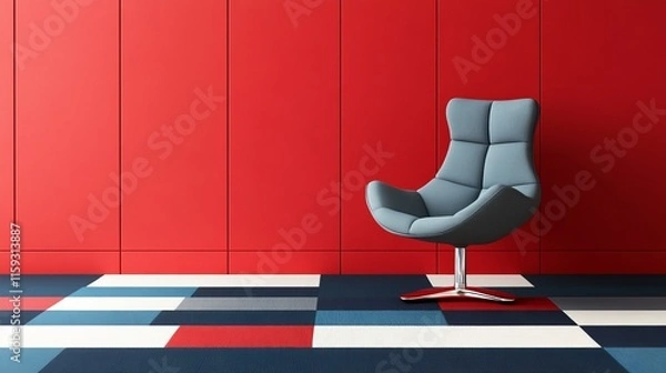 Fototapeta A modern chair in a vibrant room with a geometric patterned floor.