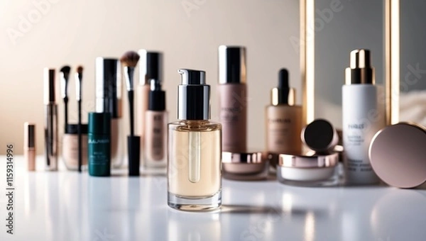 Fototapeta Elegant display of skincare and makeup products showcasing a luxury serum and a sleek vanity setup emphasizing beauty and glam