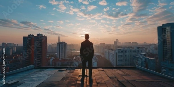 Obraz Lonely figure overlooking city at sunset.