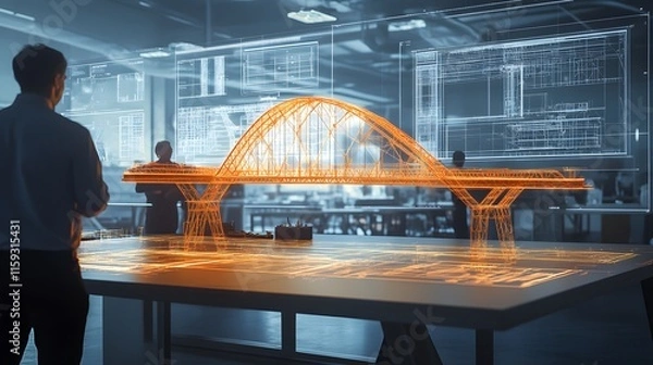 Obraz Engineer reviewing holographic bridge design model