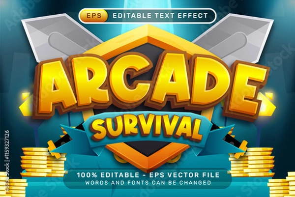 Fototapeta arcade survival 3d text effect with swords shield and gold treasure