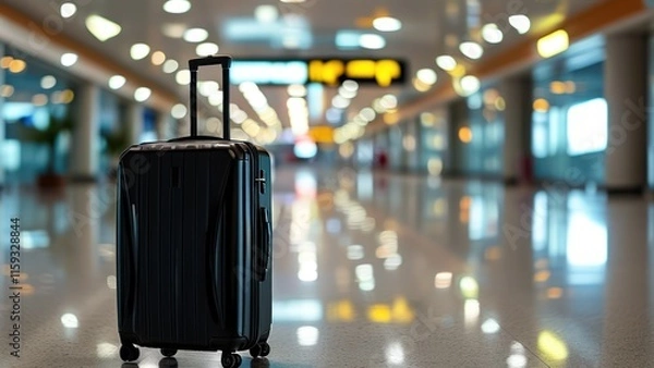 Fototapeta Black suitcase stands alone in empty airport terminal, reflecting modern design and anticipation of travel  Ideal for travel and adventure themes