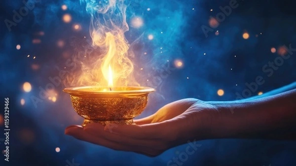 Obraz Hand holding mystical golden bowl with glowing flame and blue light. Ramadan Mubarak