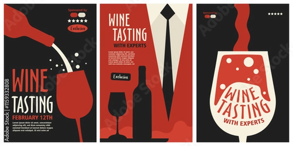 Obraz Wine Tasting event poster set. Cinematic abstract aesthetics with glass and wine bottles. Modern and vintage typography, red and black color