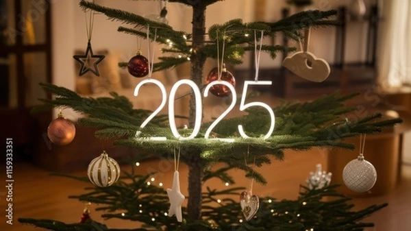 Obraz Festive lighted "2025" ornament beautifully hanging on a decorated Christmas tree, symbolizing the joy of the holiday season and the arrival of the New Year