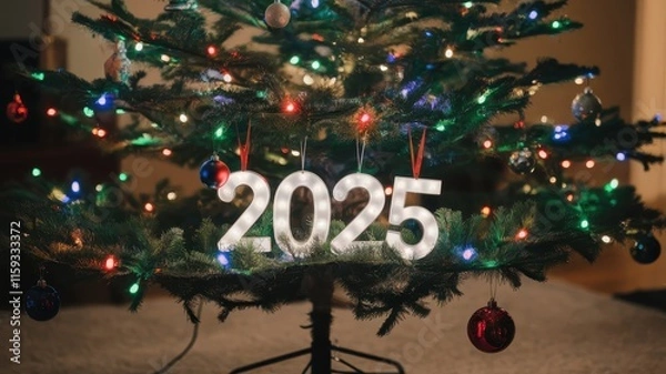 Obraz Festive lighted "2025" ornament beautifully hanging on a decorated Christmas tree, symbolizing the joy of the holiday season and the arrival of the New Year