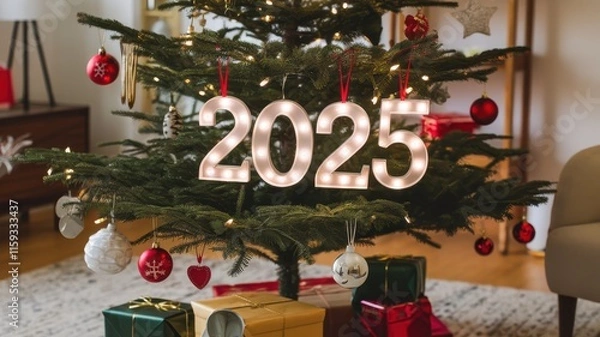 Obraz Festive lighted "2025" ornament beautifully hanging on a decorated Christmas tree, symbolizing the joy of the holiday season and the arrival of the New Year