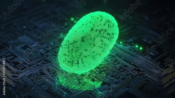 Fototapeta A digital 3D fingerprint in neon green floating over a dark, circuit board background. The fingerprint glows brightly, emphasizing a tech-forward, security-oriented theme.