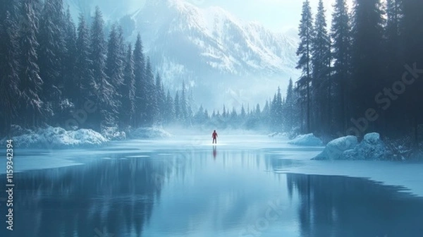 Fototapeta An inspiring motivational quote set against a backdrop of a frozen lake surrounded by tall pines, encouraging resilience and determination.