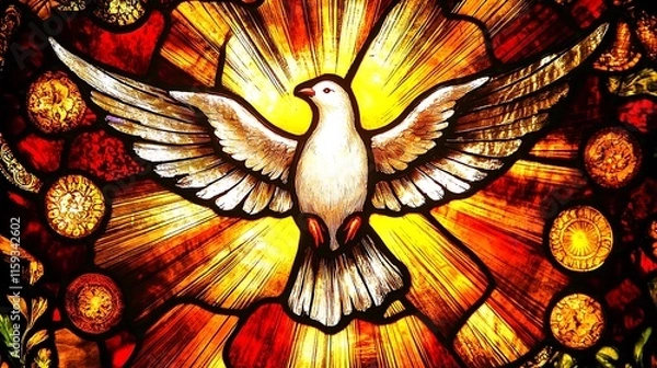 Fototapeta A vibrant stained glass art of the Holy Spirit as a dove glowing in the midst of fiery bursts of color, radiant light beams and intricate celestial patterns symbolizing the sacrament of Confirmation.