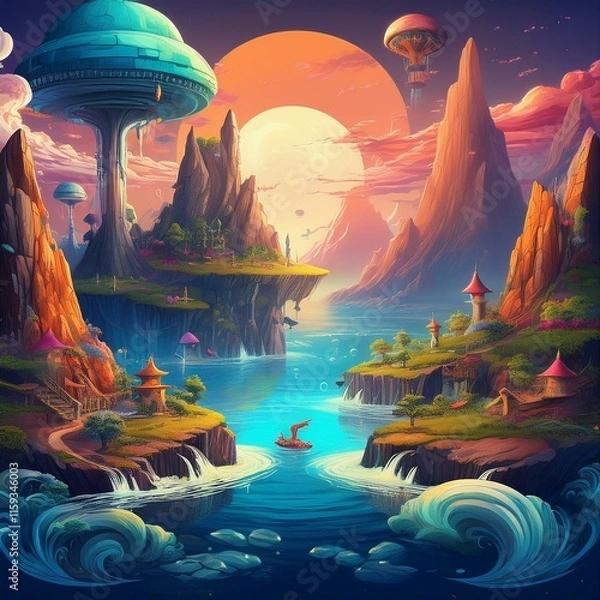 Fototapeta Surreal landscape with vibrant, dreamlike elements. Include fantasy creatures, floating islands, and a sense of wonder and escapism. Soft, ethereal lighting and a mystical atmosphere.