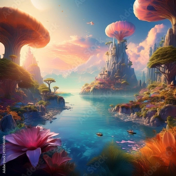Fototapeta Surreal landscape with vibrant, dreamlike elements. Include fantasy creatures, floating islands, and a sense of wonder and escapism. Soft, ethereal lighting and a mystical atmosphere.