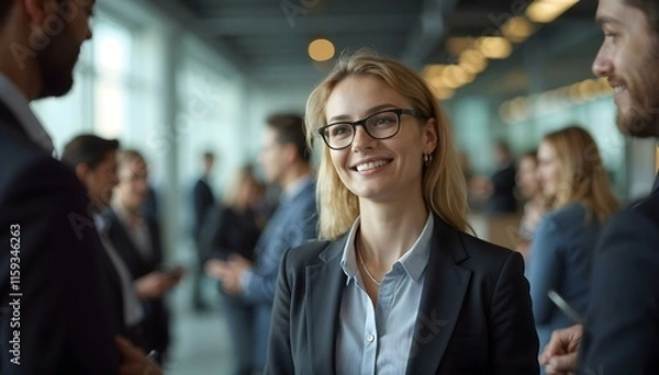 Fototapeta Successful businesswoman attending a corporate networking event with diverse colleagues in a modern office setting