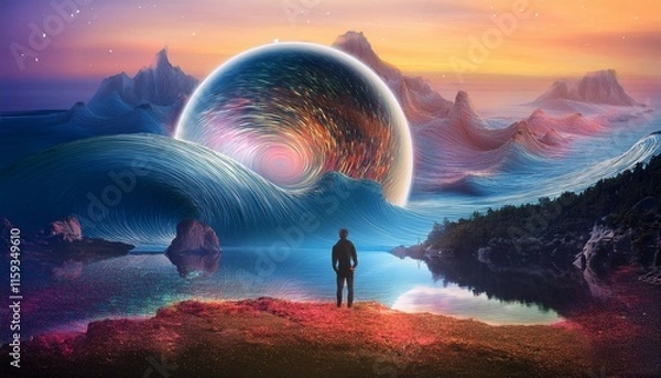 Fototapeta surreal, imaginative illustrations blending realistic and fantastical elements. Include dreamy settings, dreamscapes, cosmic elements, and abstract concepts to evoke a sense of wonder and creat