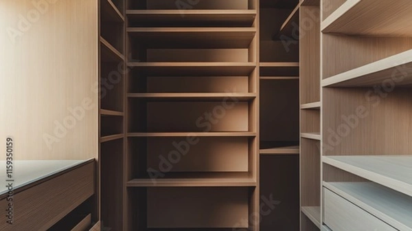 Fototapeta Elegant minimalist storage closet with minimal shelves. Featuring a clean, open design with contemporary lines