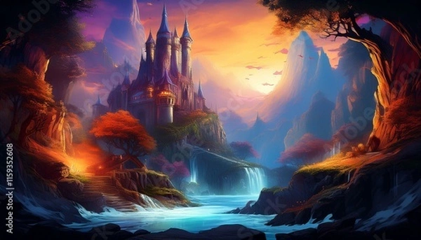 Fototapeta Fantasy artwork showcasing a mix of traditional fantasy elements (like castles and mythical creatures) with modern, clean design aesthetics. Add metallic or glowing effects, bold colors, and high cont
