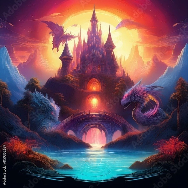 Fototapeta Fantasy artwork showcasing a mix of traditional fantasy elements (like castles and mythical creatures) with modern, clean design aesthetics. Add metallic or glowing effects, bold colors, and high cont